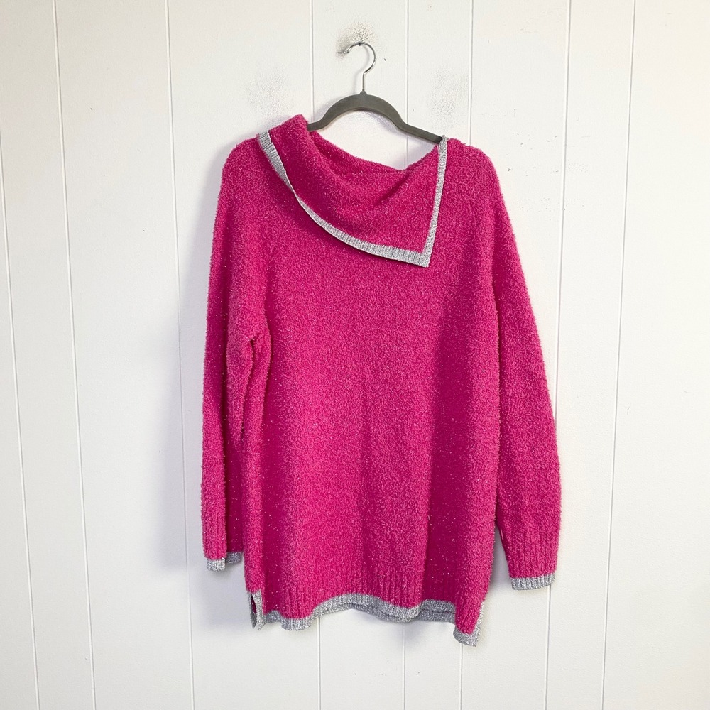 Crown & Ivy Pink Popcorn Knit Metallic Trim Asymmetric Neck Sweater XL